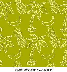 Seamless pattern with tropical coconut palm trees, pineapples, bananas. Abstract floral repeating background. Endless print texture. Fabric design. Wallpaper - vector 