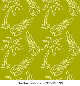 Seamless pattern with tropical coconut palm trees and pineapples. Abstract floral repeating background. Endless print texture. Fabric design. Wallpaper - vector 