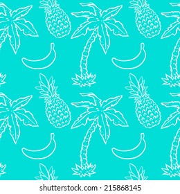 Seamless pattern with tropical coconut palm trees, pineapples, bananas. Abstract floral repeating background. Endless print texture. Fabric design. Wallpaper - vector 