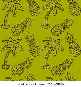 Seamless pattern with tropical coconut palm trees and pineapples. Abstract floral repeating background. Endless print texture. Fabric design. Wallpaper - vector 