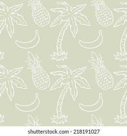 Seamless pattern with tropical coconut palm trees, pineapples, bananas. Abstract floral repeating background. Endless print texture. Fabric design. Wallpaper 