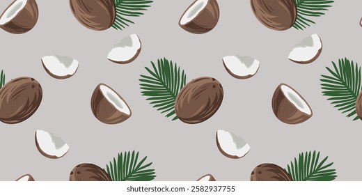 Seamless pattern with tropical coconut. Whole coconut, half, piece. For backgrounds, textiles, tablecloths, kitchen, wallpaper, packaging. Vector image.