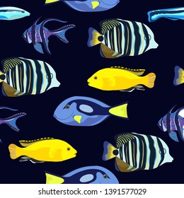 Seamless pattern with tropical colorful aquariom coral fishes. Vector illustration