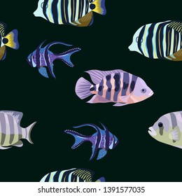 Seamless pattern with tropical colorful aquariom coral fishes. Vector illustration