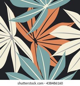 Seamless pattern with tropical colorful leaves on blue background  can be used for linen, tile, wallpaper, design fabric and more designs.