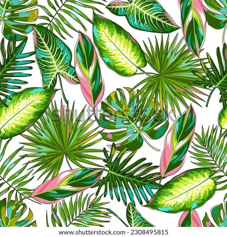 Seamless pattern with tropical colorful leaves on a white background. Palm leaves, monstera, calathea stromantha, Philodendron, dieffenbachia, alocasia. Cartoon style. Vector illustration.