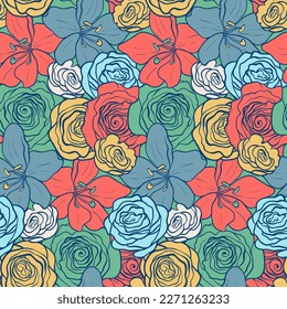 Seamless pattern in tropical colors, lush flowers. Vector floral background with roses, lilies, anemones
