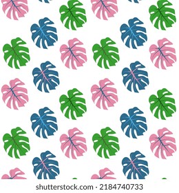 Seamless pattern of tropical colourful monstera leaves. Jungle leaves seamless vector floral pattern background. Vector illustration in trendy style.