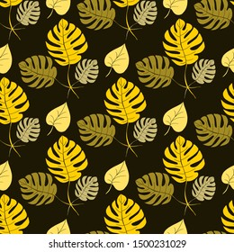 Seamless pattern tropical composition of golden leaves on a dark background. Hand drawn tropic foliage. Endless decorative texture with yellow leaves for your design.