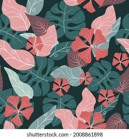 Seamless pattern of tropical, contemporary, exotic leaves, plants, flowers. Bright, summer print for fabrics, textiles, and design. Vector graphics.