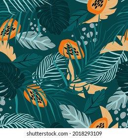 Seamless pattern of tropical, contemporary, exotic leaves, plants, flowers. Bright, summer print for fabrics, textiles, and design. Vector graphics.