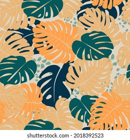 Seamless pattern of tropical, contemporary, exotic leaves monstera, plants, flowers. Bright, summer print for fabrics, textiles, and design. Vector graphics.