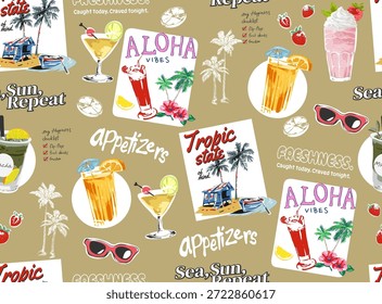 Patrón sin fisuras de bebidas tropicales y Ilustración vectorial de cabaña de playa
