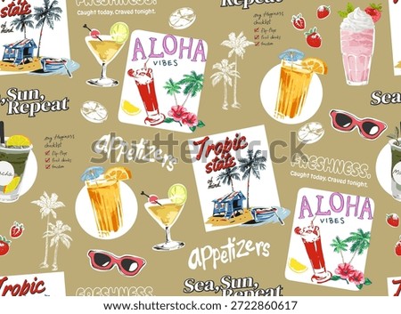 seamless pattern of tropical drinks and beach hut vector illustration