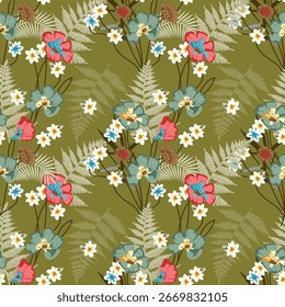 Seamless pattern with tropical dry flowers in boho style painted in watercolor for women's summer textile summer dresses and surface design