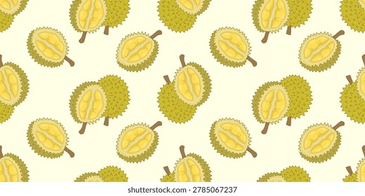 Seamless pattern with tropical durian fruits on light background. King of fruits vector. Spiky durian seamless pattern. Vector illustration of Asian exotic fruits cut in half and whole with seeds. Colorful food background for fabric, wallpaper, textile and wrapping paper.