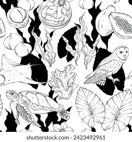 Seamless pattern with Tropical elements, black and white. Hawaii, beach and summer related items. Stingray, owl, turtle, seaweed, coral and papaya
