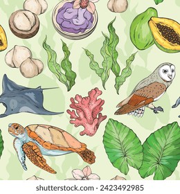 Seamless pattern with Tropical elements. Hawaii, beach and summer related items. Stingray, owl, turtle, seaweed, coral and papaya