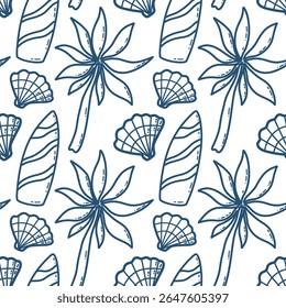 Seamless Pattern with Tropical Elements Including Palms and Surfboards. Illustration features a seamless pattern of tropical motifs like palm trees, seashells, and surfboards. The design emphasizes 