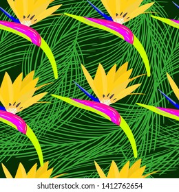 Seamless pattern with tropical elements of neon color on a dark background. Strelitzia, tropical leaves. Ideal for apparel, fabric, textile, wrapping paper, background. Vector illustration.