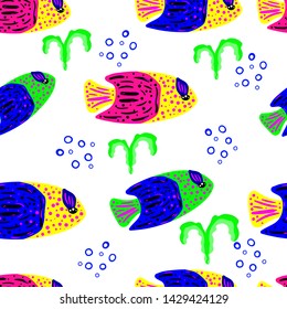 Seamless pattern with tropical elements of neon color on a white background. Tropical fish, algae. Ideal for apparel, fabric, textile, wrapping paper, background. Vector illustration.