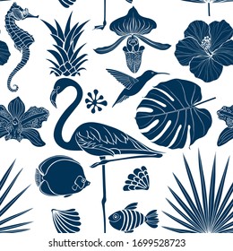 Seamless pattern with tropical elements on white. Summer cartoon background.  Vector illustration. Silhouettes.