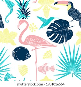 Seamless pattern with tropical elements on white. Summer cartoon background.  Vector illustration. Silhouettes.