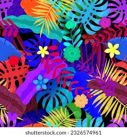 Seamless pattern Tropical exotic background. Colorful jungle leaves, flowers