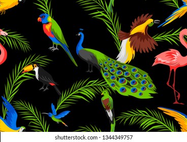 Seamless pattern with tropical exotic birds. Wild fauna of jungle and rainforest.