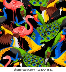 Seamless pattern with tropical exotic birds. Wild fauna of jungle and rainforest.