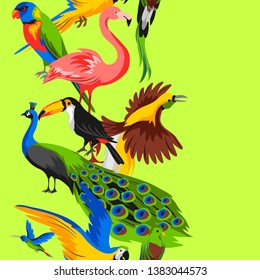 Seamless pattern with tropical exotic birds. Wild fauna of jungle and rainforest.