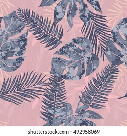 Seamless pattern with tropical. Tropical exotic flowers and plants with green leaves of palm.