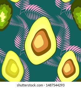 seamless pattern with tropical and exotic fruits in unique trendy organic style, avocado fruit ripe.