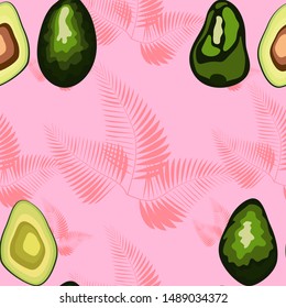 seamless pattern with tropical and exotic fruits in unique trendy organic style, avocado fruit ripe.