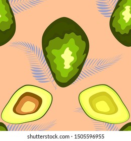 seamless pattern with tropical and exotic fruits in unique trendy organic style, avocado fruit ripe.