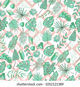Seamless pattern with tropical exotic leaves, plants, palm trees, succulents, crystals of bright juicy green hues against the background of a geometric pink ornament