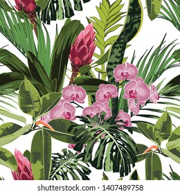 Seamless pattern with tropical exotic leaves and many kind of flowers. Bright green palm monstera leaves on the white background. Tropical illustration. 