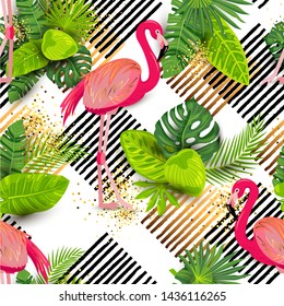 Seamless pattern with tropical exotic leaves and pink flamingo. Vector illustration.