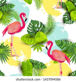 Seamless pattern with tropical exotic leaves and pink flamingos. Vector illustration.