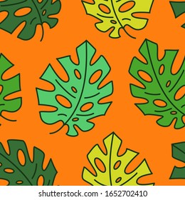 Seamless pattern of tropical exotic leaves. Monstera with holes and strokes. Orange background and green spots for textile, fabric or cover, wrapper. Vector flat modern illustration.