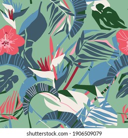 seamless pattern with tropical exotic leaves and flower, vector design for paper, fabric.