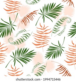 Seamless pattern of tropical, exotic leaves, plants, palm trees, ferns. Bright summer print for fabrics, textiles and design. Vector graphics.