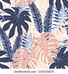 Seamless pattern with tropical exotic leaves. Colorful vector background for various surface. Tropical leaves on a white background. Seamless exotic pattern with tropical plants. 