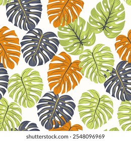 Seamless pattern with tropical exotic leaves. Colorful vector background for various surface. Tropical leaves on a white background. Seamless exotic pattern with tropical plants.