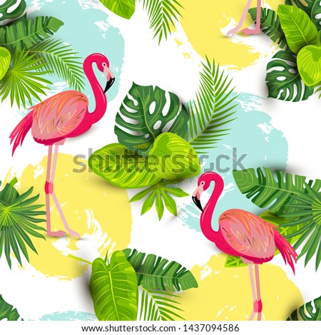 Seamless pattern with tropical exotic leaves and pink flamingos. Vector illustration.