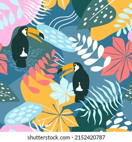 Seamless pattern with tropical exotic ornament with palm leaves and monstera, toucan birds. Summer abstract print. Vector graphics.