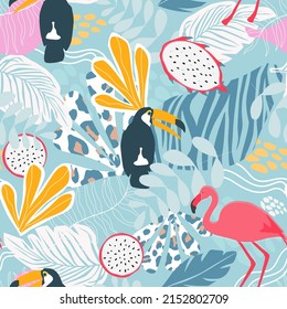 Seamless pattern with a tropical exotic ornament with palm and monstera leaves, toucan birds, flamingos. Summer abstract print. Vector graphics.