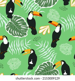 Seamless pattern with tropical exotic ornament with palm leaves and monstera, toucan birds. Summer abstract print. Vector graphics.