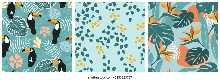 
Seamless pattern with tropical exotic ornament with palm leaves and monstera, toucan birds. Summer abstract print. Vector graphics.































