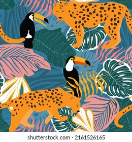 Seamless pattern with tropical exotic ornament with palm leaves, toucan bird and leopard. Summer abstract animal print. Vector graphics.